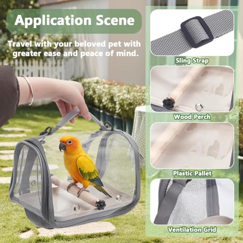 Bird Carrier Backpack Gray Travel Cage with Clear PVC Window and Breathable Mesh Portable Bird Carrier Bag for Small Birds Parrot Cockatiel Parakeet to Vet Visit and Outdoor Adventure