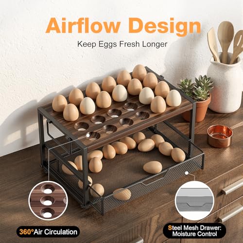 Compact 2-Tier Wooden Egg Holder with Basket, Holds 84+ Eggs | Wooden 2-tier egg holder with basket & carry handle , holds 24+60 chicken, duck & quail eggs - size: 2 Tiers