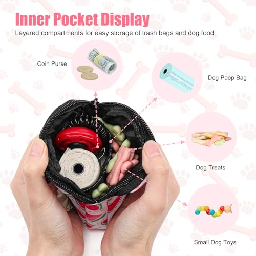 Dog Treat Pouch with Training Clicker,Waterproof Nylon Fabric Poop Bag Holders for Leashes,Hands Free Small Dog Walking Bag with Carabiner, Pet Puppy Training Walking Essentials (Watermelon) - color: Watermelon