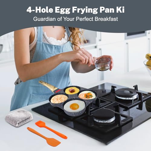 4‑Cup Nonstick Egg Pan Set with Lid – Aluminum Omelette Skillet for Breakfast, Includes Silicone Scraper, Oil Brush, Chopsticks & Cleaning Cloth – Compatible with Gas & Induction Cooktops (Black) - color: Black