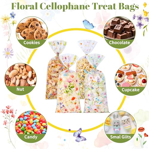 QOIUSO 100 PCS Wildflower Party Cellophane Treat Bags - 4.9 x 10.8 Inch Plastic Floral Party Favor Bags with Twist Ties - Clear Candy & Cookie Gift Bags for Baby Shower, Bridal, Wedding, Birthday - color: Wildflower-100pcs