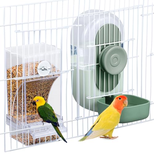 Lemtrflo No Mess Bird Feeder Water Dispenser, Parrot Cage Automatic Feeders | Automatic Feeding & Hydration, Parakeet Cage Accessories for Parrots, Cockatiels, Finches, Lovebirds & Budgies - color: Green