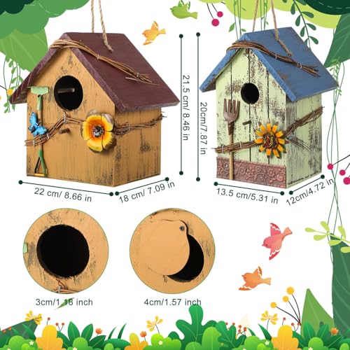 DoubleFill 2 Pcs Birdhouses for Outdoor Hanging Yard Outside Wooden Birdhouse Hand Painted Bird Box for Bird Lovers Bluebird Tree Garden Decor Decorative Birdhouse(Blue,Yellow,Wooden Roof) - color: Blue,Yellow, size: Wooden Roof