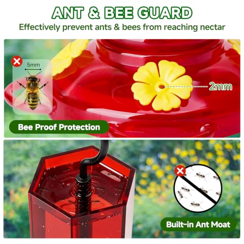 Hummingbird Feeder Glass 20 OZ 2-Pack Round Ant&Bee Proof Feeders | Red Glass Hummingbird Feeders for Outdoors Hanging with 4 Feeding Ports, Rustproof Leakproof Base, Garden Yard Décor Gifts