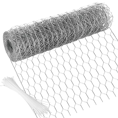 Chicken Wire 13.7 in x 393.7 in Poultry Wire Netting Hexagonal Galvanized Mesh Garden Fence Barrier for Pet Rabbit Chicken Fencing with 100 Pcs Cable Zip Ties - color: Silver, size: 13.7"x393.7"+100Ties