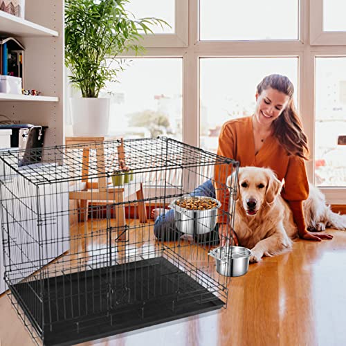 Crate Food and Water Bowl, ShineMe 2 Pack Stainless Steel Hanging Pet Bowls for Crates Kennels Cages, Metal Dog Crate Bowls Hanging No Spill for Medium and Large Pets (7.1 * 3.5” & 5.5 * 3.2”) - color: Silver (60oz+30oz)