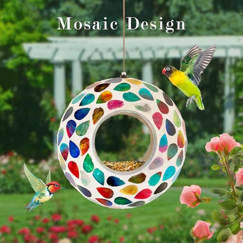 Hanging Bird Feeders for Outdoor Glass Mosaic Fly Through Wild Bird Feeder Round Shape Birdfeeder for Outside Garden Yard Patio Decoration White - color: White