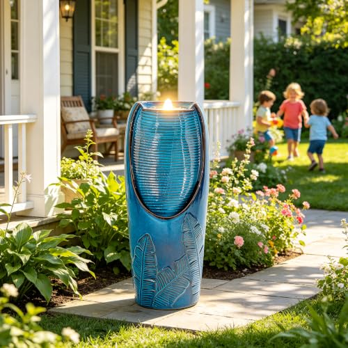 Autodaya 33" H Ceramic Jar Outdoor Water Fountain, Banana Leaf-Texture | Artisan High-Fired Glaze, Warm Ambient LED Lighting, Upgraded Pump, Soothing Cascading Water Feature For Garden Patio Yard - color: 32"h-leaf Pattern Teal Blue Glaze