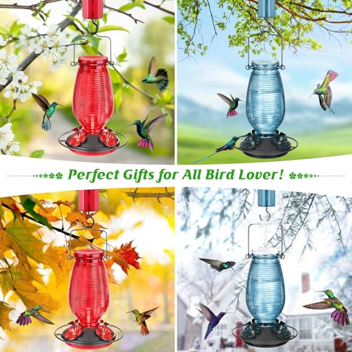 Glass Hummingbird Feeder for Outdoors Hanging, 20 OZ Humming Birds Feeders with 4 Bee Guard Feeding Ports & Built-in Ant Moat, Bird Feeder for Outside, Red,2 Pack