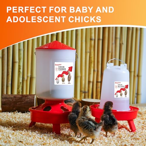 2-in-1 Chick Starter Set: Top Filling 0.8 Gal Feeder & 0.4 Gal Waterer Red | Chick Feeder and Waterer With Adjustable Legs, Anti-drown Design, Hanging Hooks & Scoop for Baby Chicks - size: 0.8 Gal Feeder & 0.4 Gal Waterer