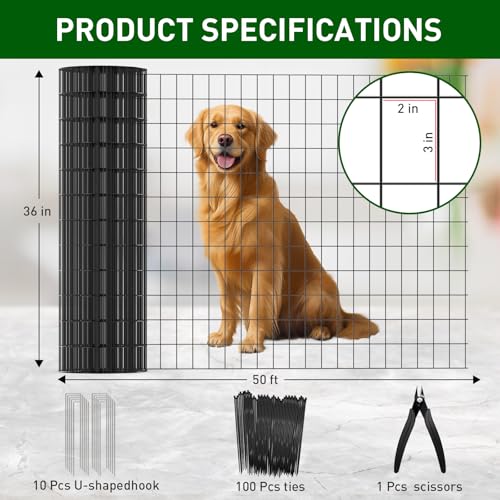 Black PVC Coated Welded Wire Fence 36 in x 50 Ft for Yard Plant Protection | 2 x 3 Inch 16GA Garden Border Fencing Roll Metal Wire Mesh Animal Barrier Fence for Dog Poultry Netting - size: 36in x 50ft