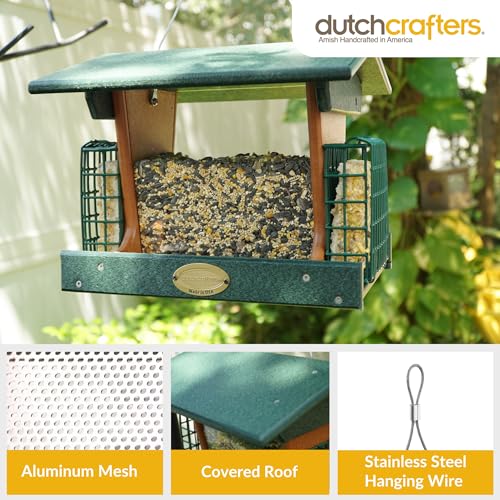 DutchCrafters Poly Hopper Bird Feeder with Suet Holder, Large Suet Feeder for Birds, Outdoor Hanging - Amish American Made (Turf Green & Cedar) - color: Turf Green & Cedar