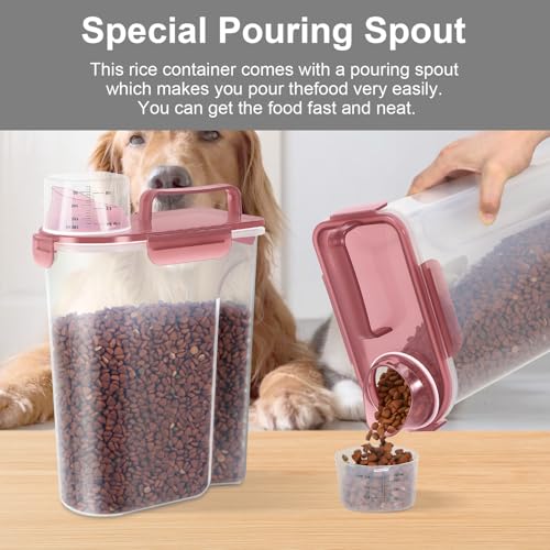 LEAWALK 5-7Lbs/6Qt Dog Cat Storage Container Portable with Upgraded Large Spout and Cup, Plastic Pet Food Dispenser for Small Animal Kibble, Bird Seed, Oatmeal, Rice, Flour, Brown Sugart- Clear pink - color: Clear Pink, size: 5L-1pack