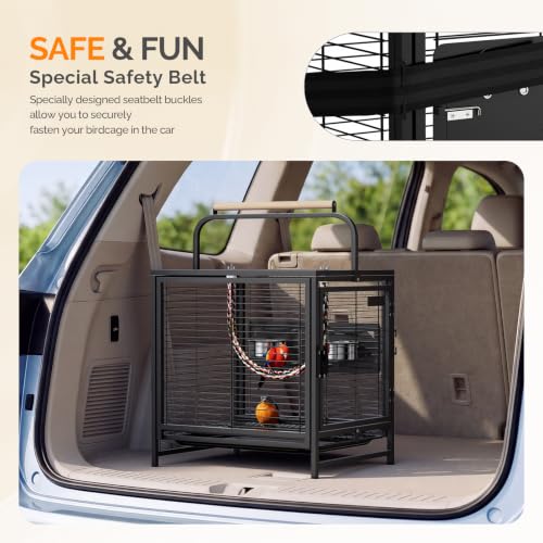 VINGLI Small Bird Cage, 19 inch Travel Carrier Bird Cage with Handle, Wrought Iron Parakeet Cage with Wooden Perch for Parrot Lovebirds Finches Small/Medium Birds (Matte Black) - color: Matte Black