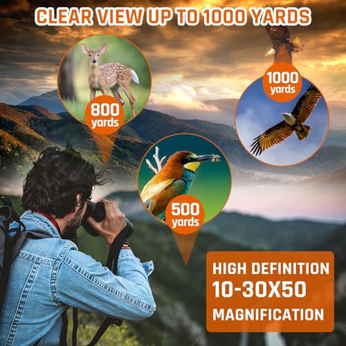 10-30x50 Zoom Binoculars for Adults High Powered | HD Optics,Waterproof, Fogproof,Military,Bird Watching,Traveling Concerts,Large View,BAK4,FMC Lens,Clear Low Light Vision
