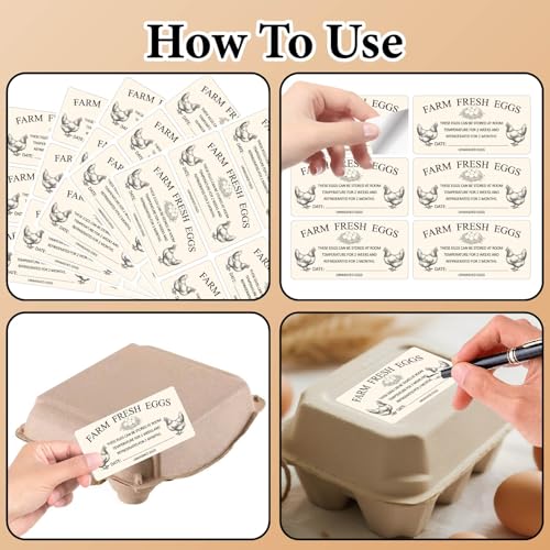 10 Sheets 60Pcs 4 x 2 Inch Farm Fresh Eggs Carton Labels Rectangle Self Adhesive Chicken Egg Stickers with Date Unwashed Packaging Handling Instruction Tags for Farmhouse Market Storage - color: Navajo White