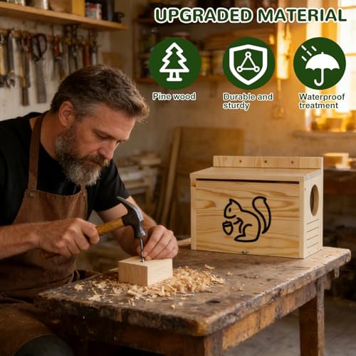 Wooden Squirrel House for Outside | Large Pine Wood Nesting Box with Front Open Panel, Easy Assembly Outdoor Animal Shelter for Backyard, Garden & Trees