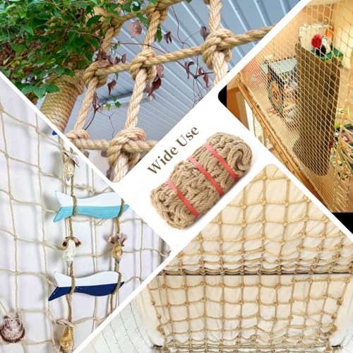 Jute Hemp Rope Net (4ftx8ft), Heavy Duty Natural Climbing Safety Rope Netting Balcony Stairs Fence Garden Playground Protection Net Indoor & Outdoor Decor Rope Net - size: 4ftx8ft