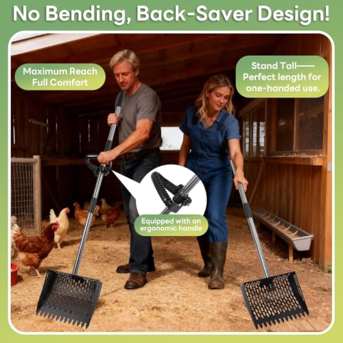 Chicken Poop Scooper & Rake 2-in-1, Adjustable 24'' to 66'' Metal Sand Sifting Shovel for Coop Cleaning, Effortless for Chicken Duck Rabbit Cages, Cat Litter, Fire Ash, Saving Time & Energy