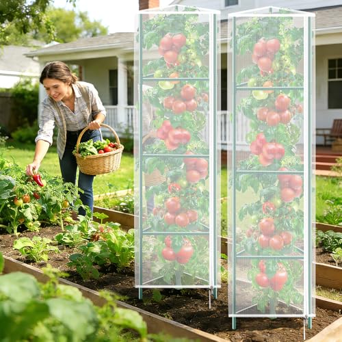 3 Pack Garden Bird Netting Plant Cover for Triangle Tomato Cage, 48"x13" Insect Bird Barrier Tomato Cage Net with Zipper & Drawstring, Tomato Trellis Netting Protection Cover for Protecting Plants - color: Triangle White
