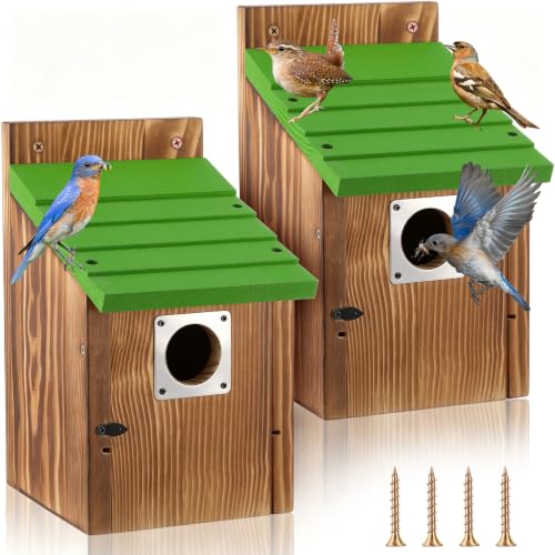 Dreyoo Bluebird Houses for Outside, 1-1/2” Entrance Hole Wooden Bird Houses for Outdoor with Metal Predator Guard, Secure Latch, Fledgling Grooves, Air Vents(Green Roof, Burnt Wood Body) - color: Green Roof, Burnt Wood Body