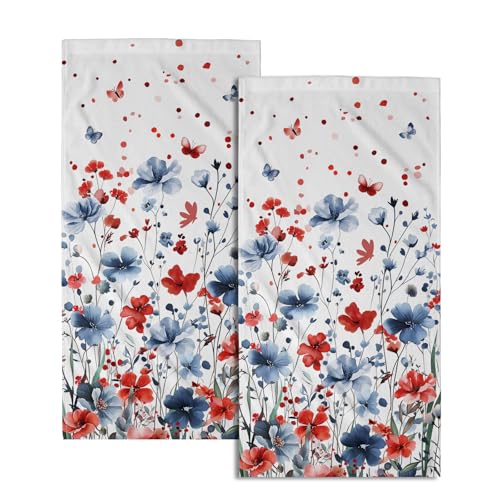 4th of July Hand Towel Set of 2, 14x28 Inch Patriotic Red Blue Floral Leaves Absorbent Soft Dish Cloth Towels for Kitchen Bathroom Home Memorial Day Independence Day Decor - color: 4th of July Wildflowers