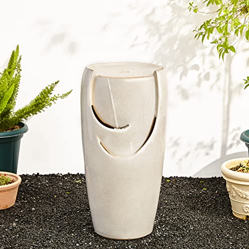 Glitzhome 29.25" H Oversized Ceramic Vase Outdoor Water Fountain Tall Patio Garden Water Fountain with LED Light and Submersible Pump Yard Art Decor, Sand Beige - color: Sand Beige, size: 29.25" H