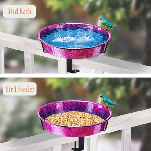 Metal Deck Bird Bath for Balcony Railing, Metallic Purple & Blue 11.5” Bathing Bowl & Feeder with Adjustable Steel Clamp Outdoor Garden Decor Yard Art (0.7 Gallon) - color: Metallic Purple/Blue