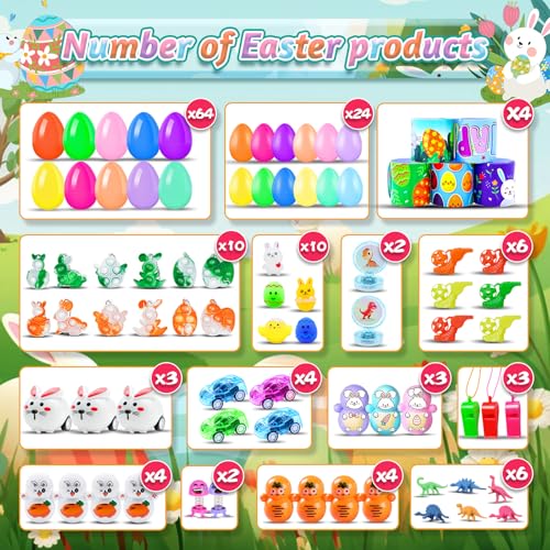 100 Pack Prefilled Easter Eggs with Toys Inside, Plastic Basket Stuffers Fillers Party Favors Supplies Hunt Games Save Time Gifts