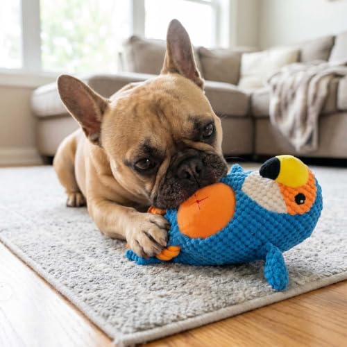 Blue Parrot Bird Dog Chew Toy, 11.0 in, Squeaker Rope Treat Toy | Pineapple Fleece, PP Cotton Filled, Nylon Reinforced Rope, Crinkle Paper, Bite Resistant, Interactive Play, Small Medium Dogs - color: Blue Parrot
