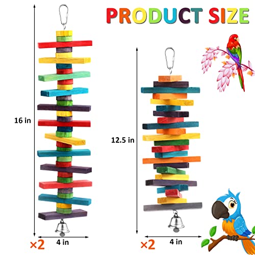 4 Pcs Bird Parrot Toys with Multicolored Natural Wood Blocks, Bird Chew Toys for Large Medium Parrots Macaws Lovebirds Doves Cockatiels Conures Parakeets Chewing Biting Foraging, 2 Designs