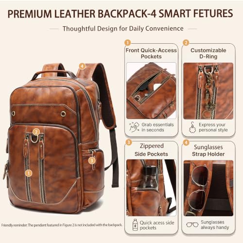 Full Grain Leather 16" Laptop Business Travel Backpack for Men, Orange | Vegetable Tanned Leather, YKK Metal Zippers, 5 Compartments, Ergonomic S-Straps, Large Capacity, Trolley Sleeve - color: Orange