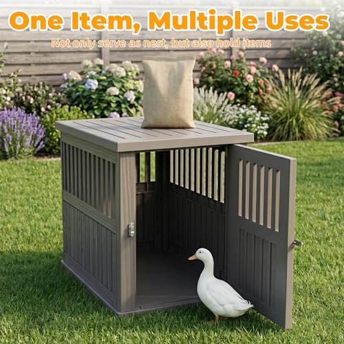 Vixzen Outdoor Duck House, PP Resin Versatile Poultry Shelter, Features Visible Railing with Stainless Steel Lock and Top Storage Space Chicken Coop, Ideal for Outdoor Use on Patios, Farms（Gray） - color: Gray, size: 39.4"L x 28.4"W x 32.8"H
