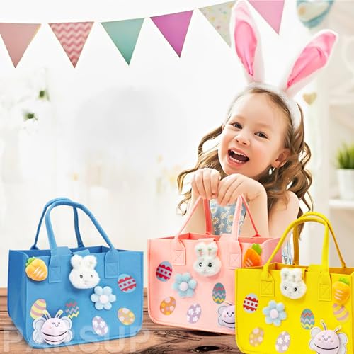PARSUP 3PCS Easter Egg Hunt Bags Happy Easter Bunny Gift Bags with Handles, Easter Treat Bags, Felt Easter Bags for Gifts Wrapping, Egg Hunt Game, Easter Party Supplies, 12" x7.8" x6.8"