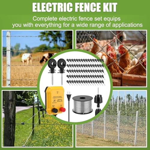 Electric Fence Charger Set 7 Mile 110VAC 0.35 Joule Electric Plug in Fence to Contain Chickens Pet Poultry 80 Black Insulator and 1 Socket Tool 985ft Aluminum Wire for Garden Pond Protection - style: 0.35 Joule
