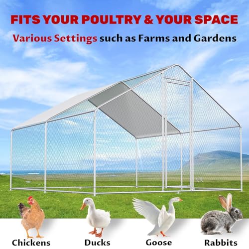 9.8x9.8x6.5ft Metal Chicken Coop, 2-Room Chicken Run with Cover | 2-room walk-in chicken run with galvanized steel frame, waterproof UV-resistant cover, lockable door, and PVC-coated mesh - color: 2-Unit Coop