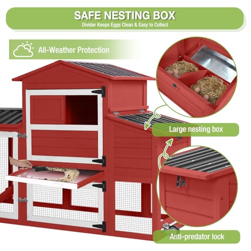 GUTINNEEN Large Outdoor Chicken Coop with Run, Mobile Hen House for 4-6 Chickens, Wooden Poultry Cage with Wheels, 2 Nesting Boxes, Waterproof Roof, Removable Pull-Out Tray-Red - size: 72.3"L x 26.0"W x 39.4"H