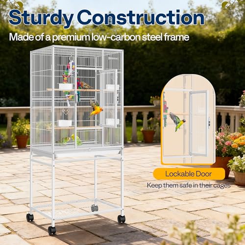 VIVOHOME 54 Inch Wrought Iron Large Bird Cage with Rolling Stand | Bird Flight Cage with Stand, Casters, Slide-out Tray for Parakeets Canaries Parrot Cockatiels Lovebirds Conures, Whtie - color: White