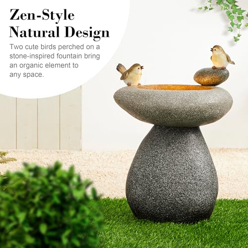 Glitzhome 20.75" H Water Fountain with LED Light and Pump, Zen Style Faux Stone Texture Birdbath Outdoor Fountains with Birds Decor, Floor Fountain for Porch Deck Patio Backyard - color: Faux Stone