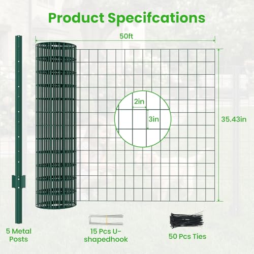 Welded Wire Garden Fence, 35.4Inch x 50FT Steel Poultry Fencing | Rust-Resistant Galvanized Animal Barrier Fence with Upgraded Metal Posts for Vegetable Garden, Flower Bed, Lawn, Backyards - color: Green, size: 35.4Inch x 50FT