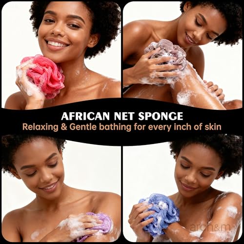 ARCH&M Authentic African Net Sponge with Knots 53", 2 Pack | Exfoliating Bath & Shower Loofah, Daily Use, Extra-Long Back and Body Scrubber, For Women and Men - color: Off White + Sky Blue