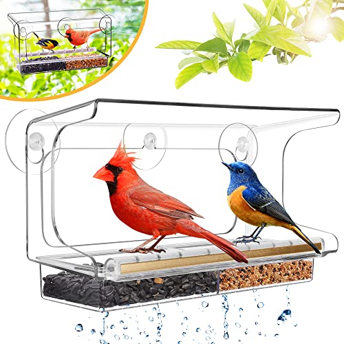 LUJII Shatterproof Window Bird Feeder with Strongest Suction Cups, Polycarbonate Window Mount Feeder with Crystal Clear View & Life-Out Tray, Fits Bigger Birds Like Cardinal or Blue Jay, Clear - color: Clear, size: M