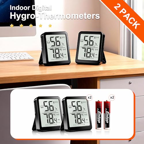 2 Pack Room Thermometer Small Hygrometer Indoor Humidity Monitor Sensor, Digital Temperature and Humidity Meter Gauge for Home, Baby Nursery, Reptile, Greenhouse - Battery Included