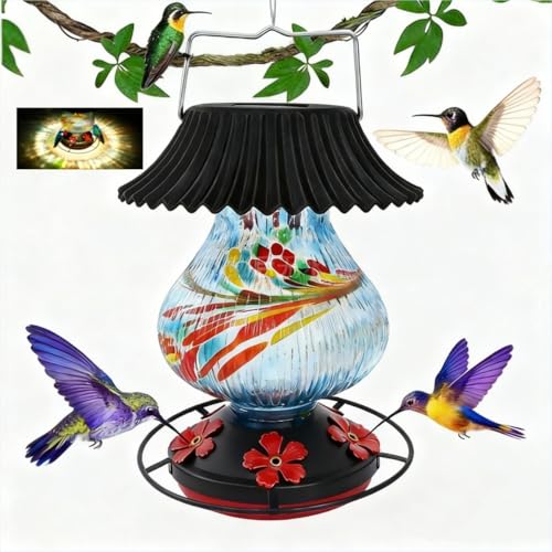 Solar Glass Hummingbird Feeder for Outdoors - 26 fl.oz Hummingbird Feeders | Best Solar Feeders with Ant Moat & Perch, 5 Feeding Ports, Wasp Leak Proof, Hand Blown Glass Color Changing Glowing in Dusk - color: Blue