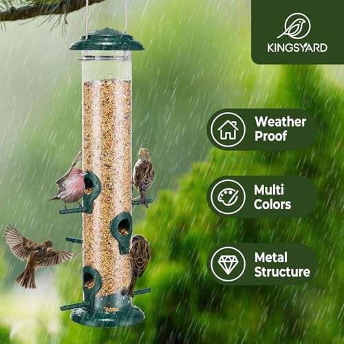 Kingsyard Metal Tube Bird Feeders for Outdoors Hanging | 6-Port with 360° Feeding, No-Spill Design, 2 lb Seed Capacity, Attracts Finches & Songbirds, Garden & Backyard Decor, Green - color: Green