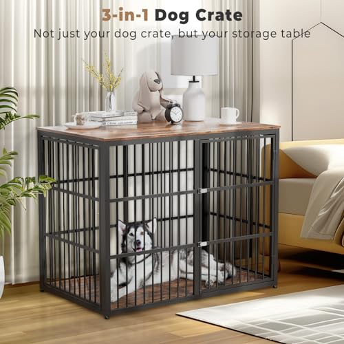 Lyromix 48'' XXL Dog Crate Furniture with 3 Doors for Large Dogs | Wooden Kennel End Table, Heavy Duty Indoor Cage for Golden Retriever Labrador, Multiple Units Can be Combined, Rustic Brown - color: Brown, size: 47.2"L x 29.1"W x 37.6"H