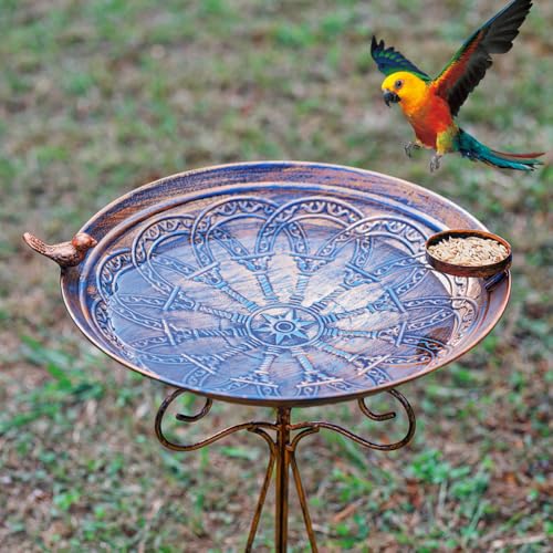 13" Vintage Metal Bird Bath with Cast Iron Pedestal | Bird Feeder Birdbaths Bowl with Folding Bracket for Outdoors Garden Patio Yard Lawn Decor - color: Brown-1