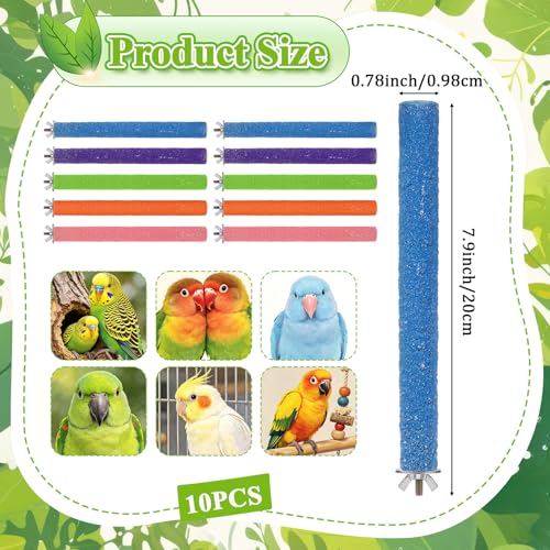 10 PCS Parrot Perch Stand Toy - Colorful 7.9 Inch Natural Wood Paw Grinding Stick for Medium Birds, Cage Accessories for Parakeets, Cockatiels, Lovebirds & Conures