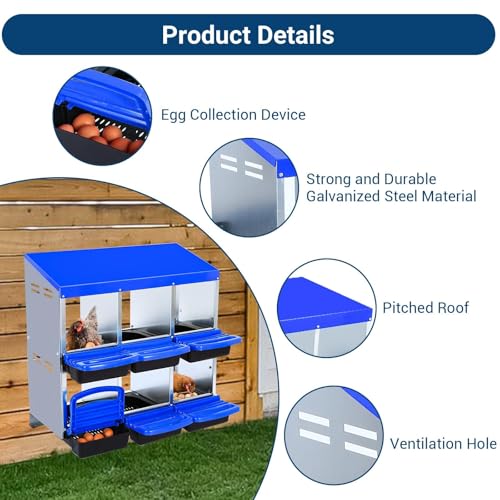 GarveeHome 2-Tier Chicken Nesting Box, 6 Compartment Metal Chicken Laying Boxes with Waterproof Roof ＆ Removable Trays for Hens, Poultry，Easy Egg Collection - color: Blue, size: 6 holes