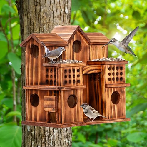 MIXUMON 8-Room Wooden Bird House with 2 Front Feeders – Large Outdoor Birdhouse for Multiple Birds, 1.57” Entrance Holes, Easy Access Cleaning Doors, Rustic Burnt Wood Design for Garden, Yard & Patio